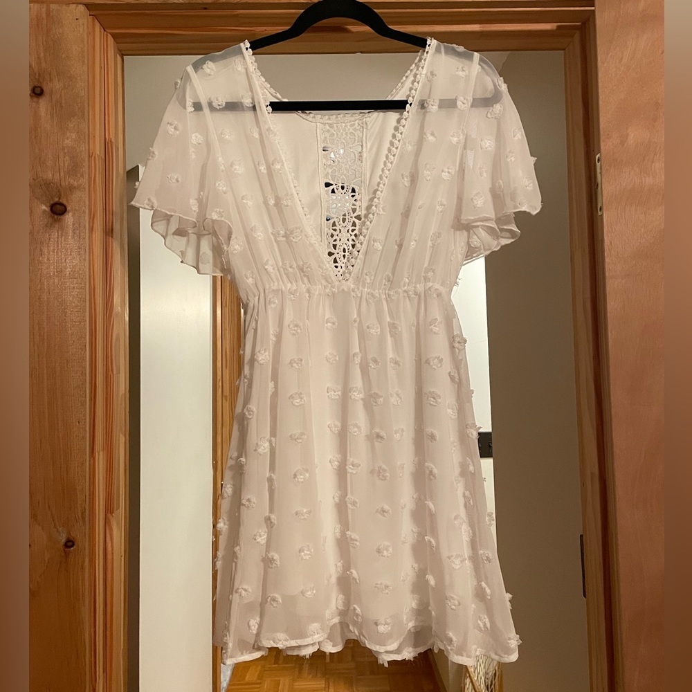 White Polka Dot V-Neck Mini Dress Size Small